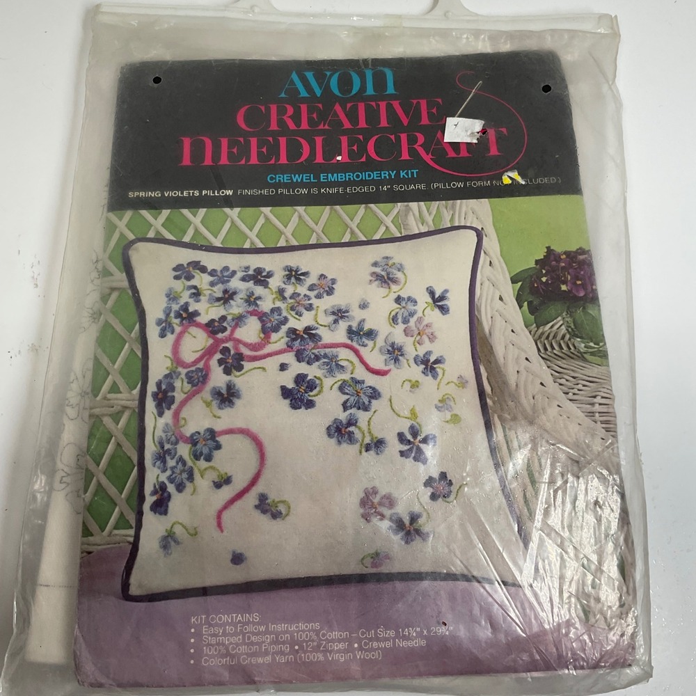 Vintage Avon Creative Needlecraft Spring Violets Crewel Embroidery Pillow Kit